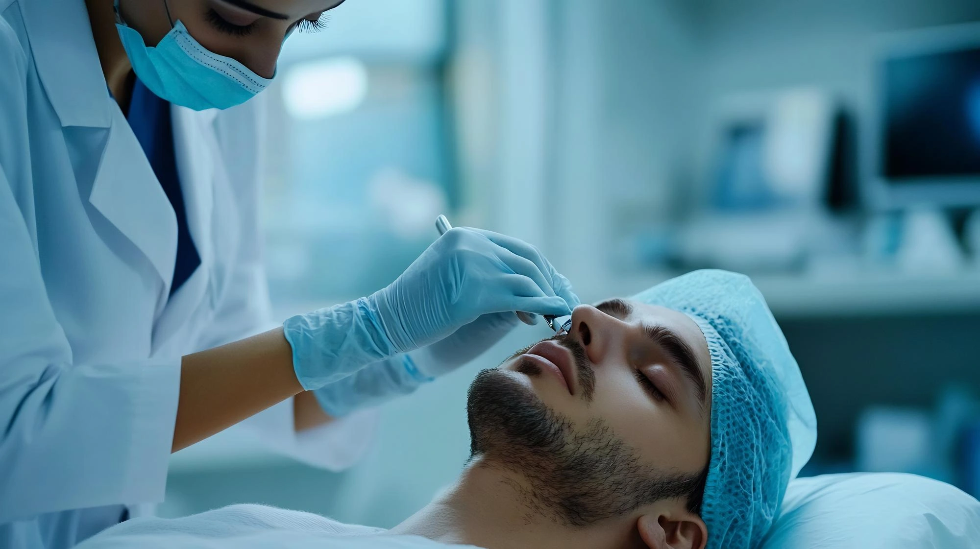 Clinician administering facial cosmetic injection to male patient to enhance jawline definition