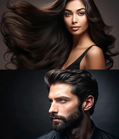 Male and female portraits representing advanced hair restoration and hair treatment expertise.