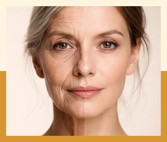 Before-and-after anti-aging treatment showing firmer skin, fewer wrinkles, and a youthful look.