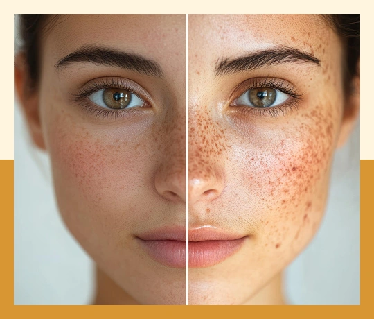 Before-and-after melasma treatment showing reduced facial pigmentation and more even skin tone.
