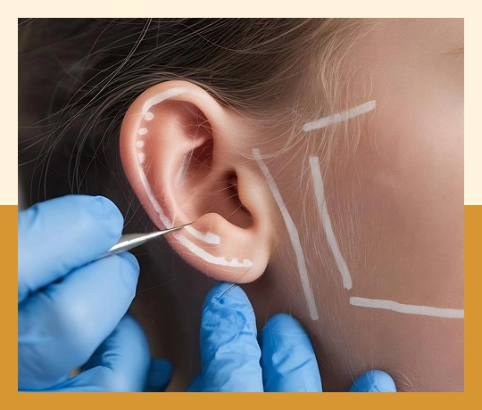 Before-and-after otoplasty showing corrected ear shape and improved ear position.
