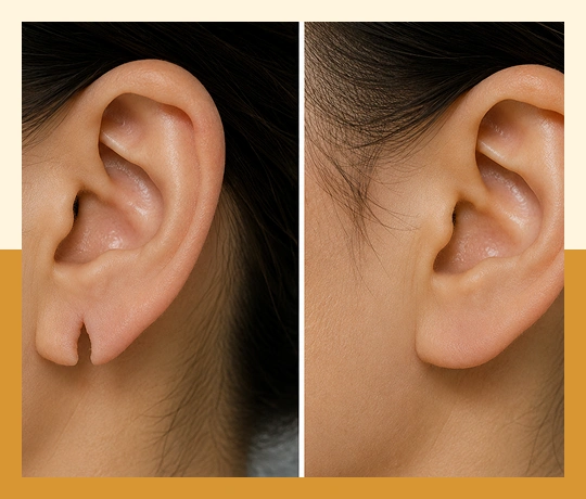 Before-and-after earlobe repair showing restored earlobe shape after cosmetic correction.