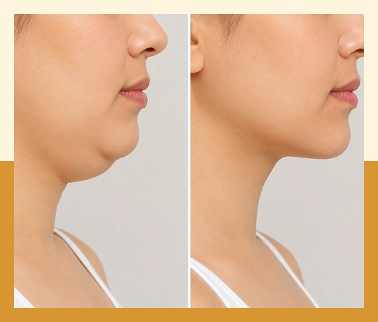 Before-and-after comparison showing reduced double chin after liposuction treatment.
