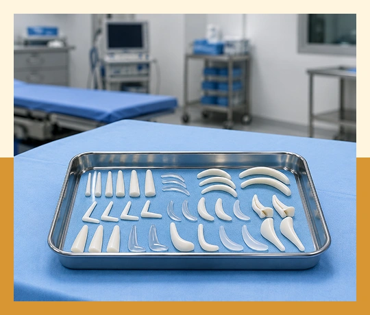 Nasal implant shown by surgeon, representing implant-based rhinoplasty for nose enhancement.